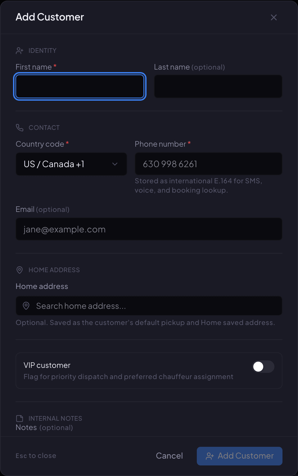 The Add Customer window in Renaro with first name, last name, country code, phone number, email, home address and VIP customer.