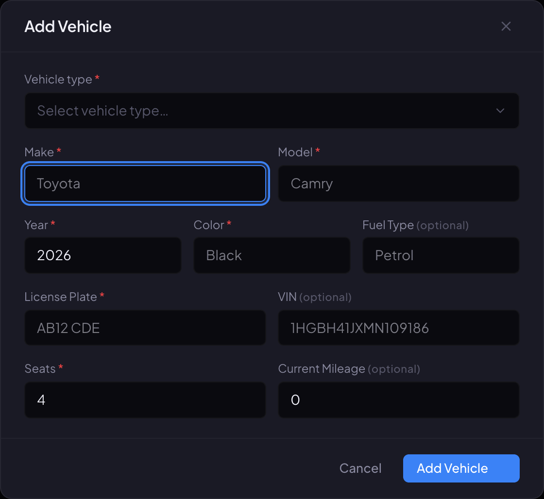 The Add Vehicle window in Renaro with vehicle type, make, model, year, color, fuel type, license plate, VIN, seats and mileage.