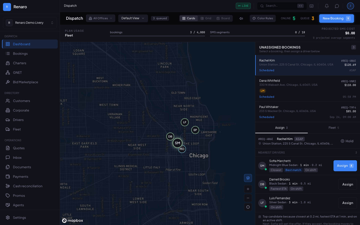 The Dispatch screen in Cards view, with a map of downtown Chicago and the drivers on it. Rachel Kim's pickup at Union Station is selected in Unassigned Bookings, and the Assign tab lists three Nearest drivers, all on shift, each with an Assign button: Sofia Marchetti, Midnight Blue Sedan, 1 min and 0.2 mi away, tagged Closest and Best match; Darnell Brooks, Black Sedan, 1 min and 0.5 mi, tagged Fastest ETA; and Luis Fernandez, Silver Sedan, 3 min and 1.0 mi.