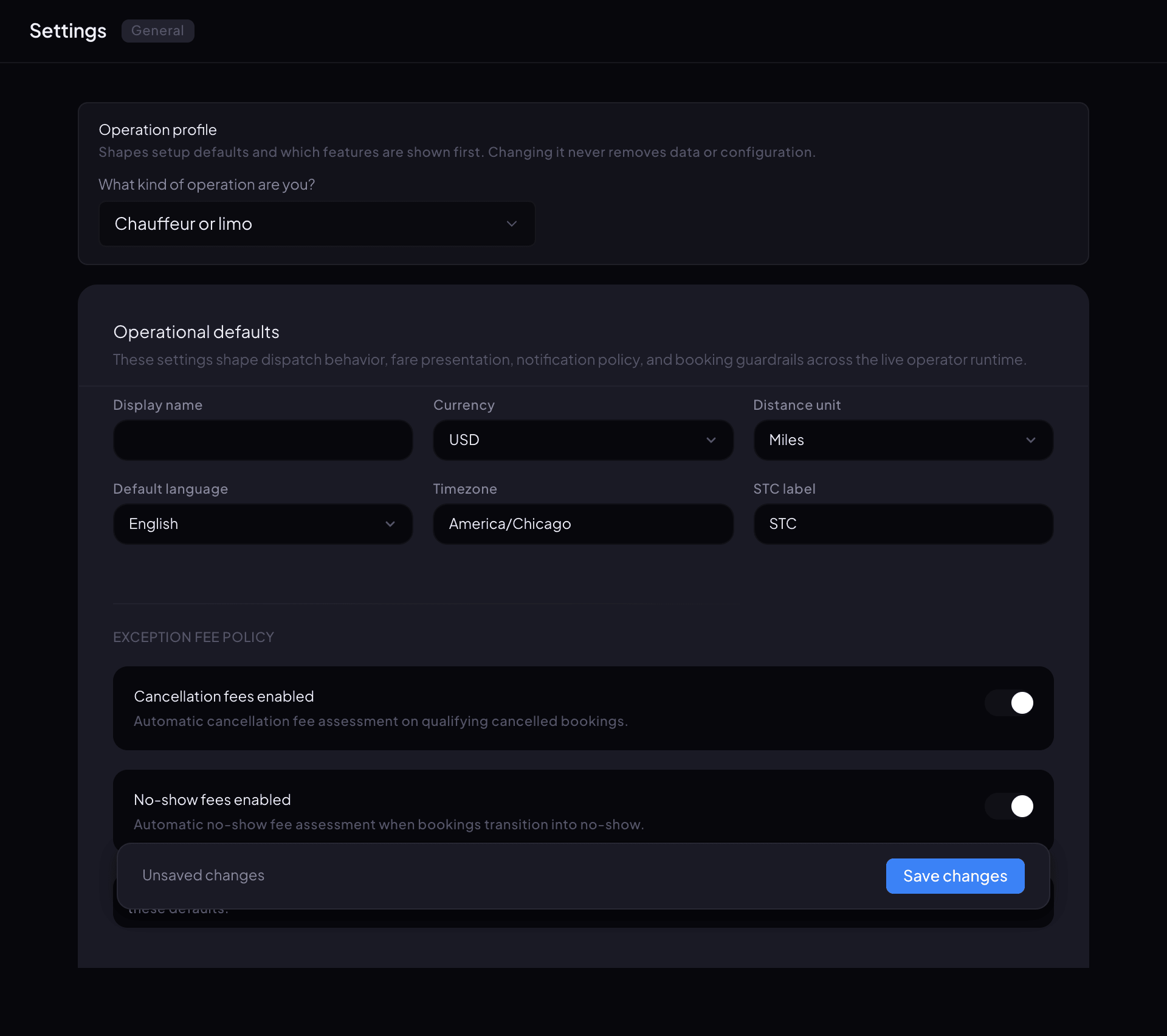 Renaro's General settings page showing the operation type, display name, currency, distance unit, language and time zone.