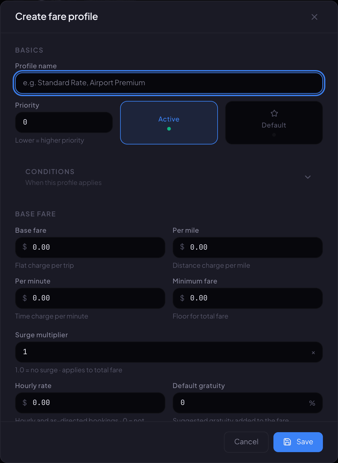 The Create fare profile window in Renaro with profile name, priority, the Active and Default switches, conditions, base fare, per mile, per minute, minimum fare, surge, hourly rate and gratuity.