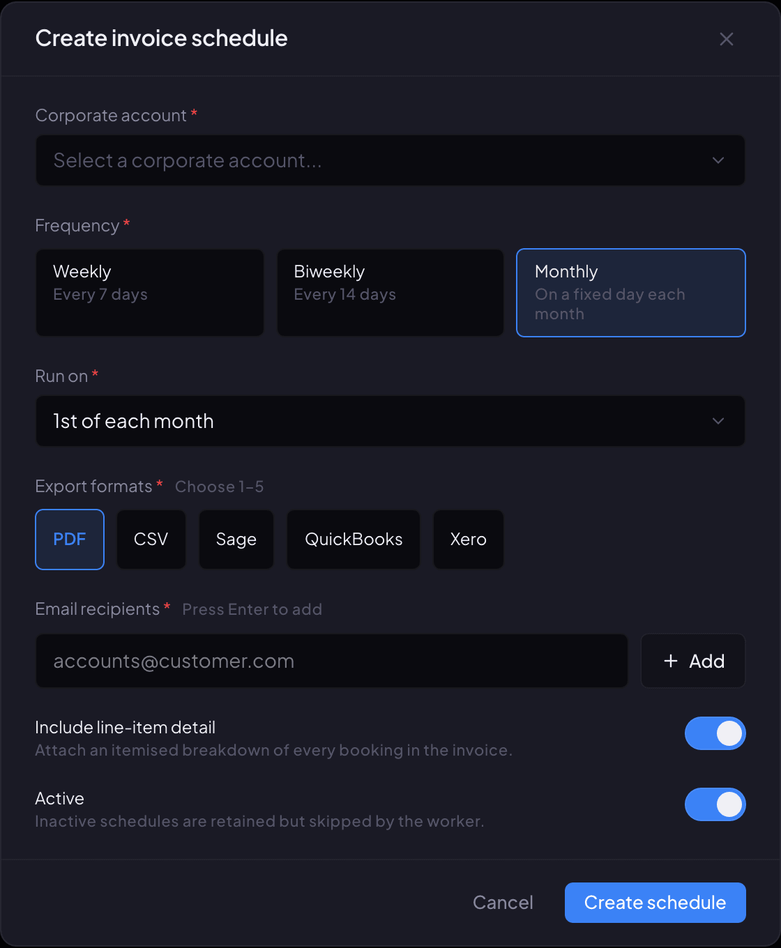 The Create invoice schedule window in Renaro with corporate account, frequency, run day, export formats, email recipients and the Active switch.