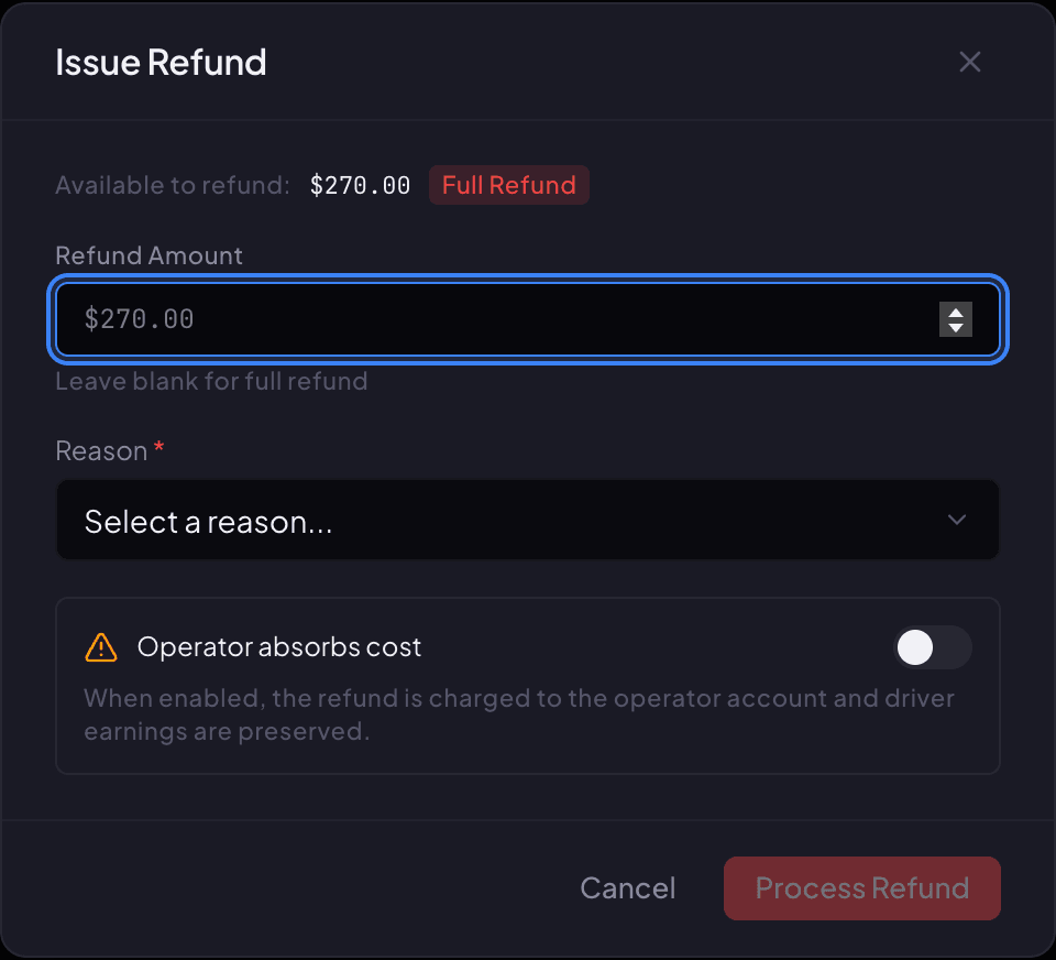 Renaro's Issue Refund window showing the amount available to refund, the refund amount, the reason and the Process Refund button.