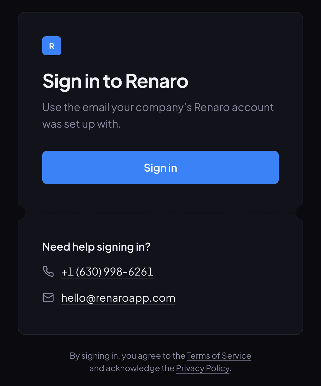 The Renaro sign-in page: the heading Sign in to Renaro, one Sign in button, and a Need help signing in? box with a phone number and email address.