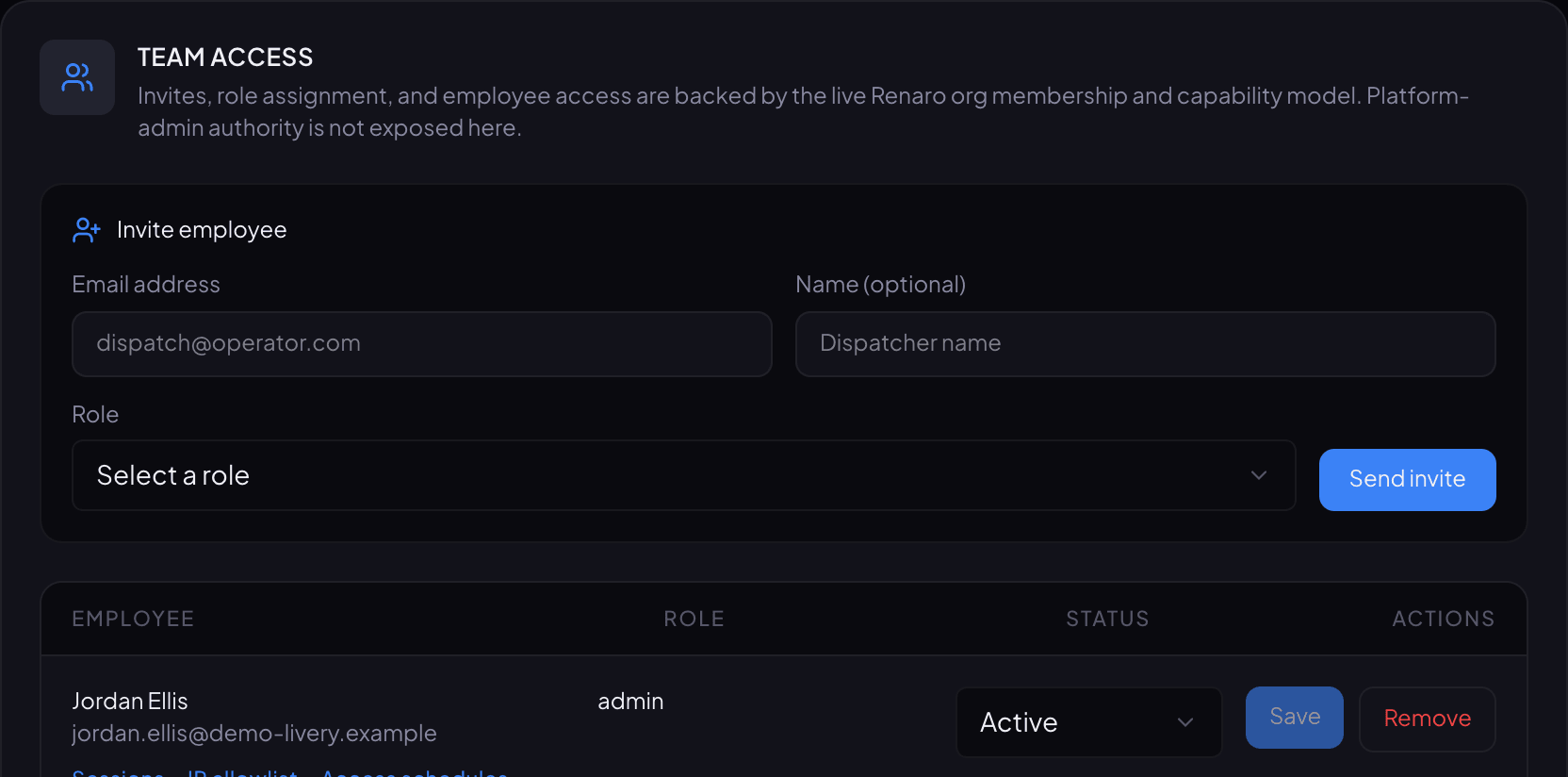 Team Access in Renaro's settings, showing the Invite employee box with Email address, Name and Role, and the Send invite button.