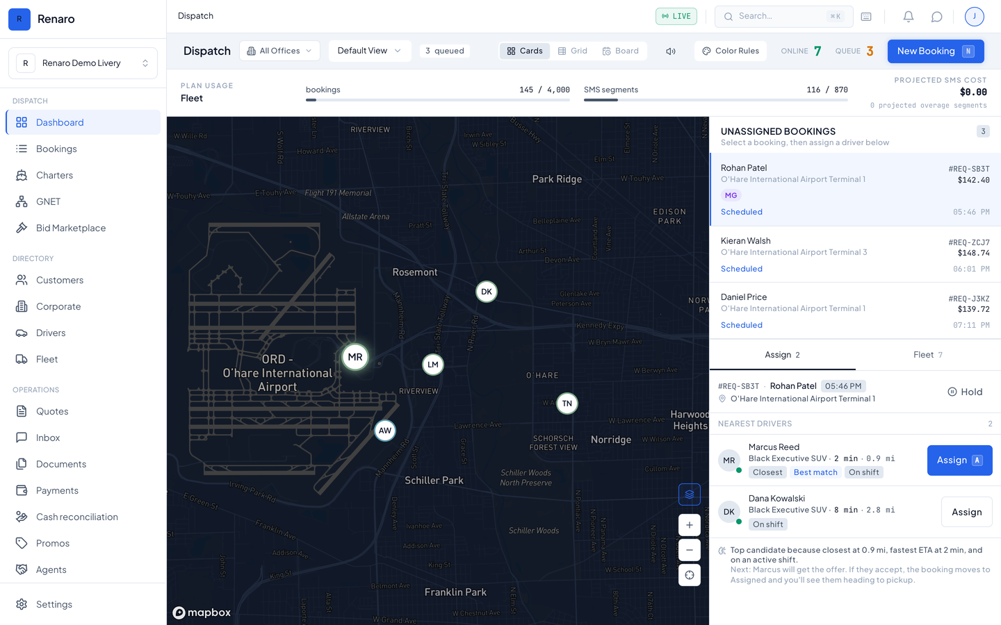 The Renaro dispatch screen: a map around O'Hare with the chauffeurs on duty, three unassigned O'Hare pickups, and Marcus Reed suggested as the best match for Rohan Patel's pickup because he is closest and on shift.