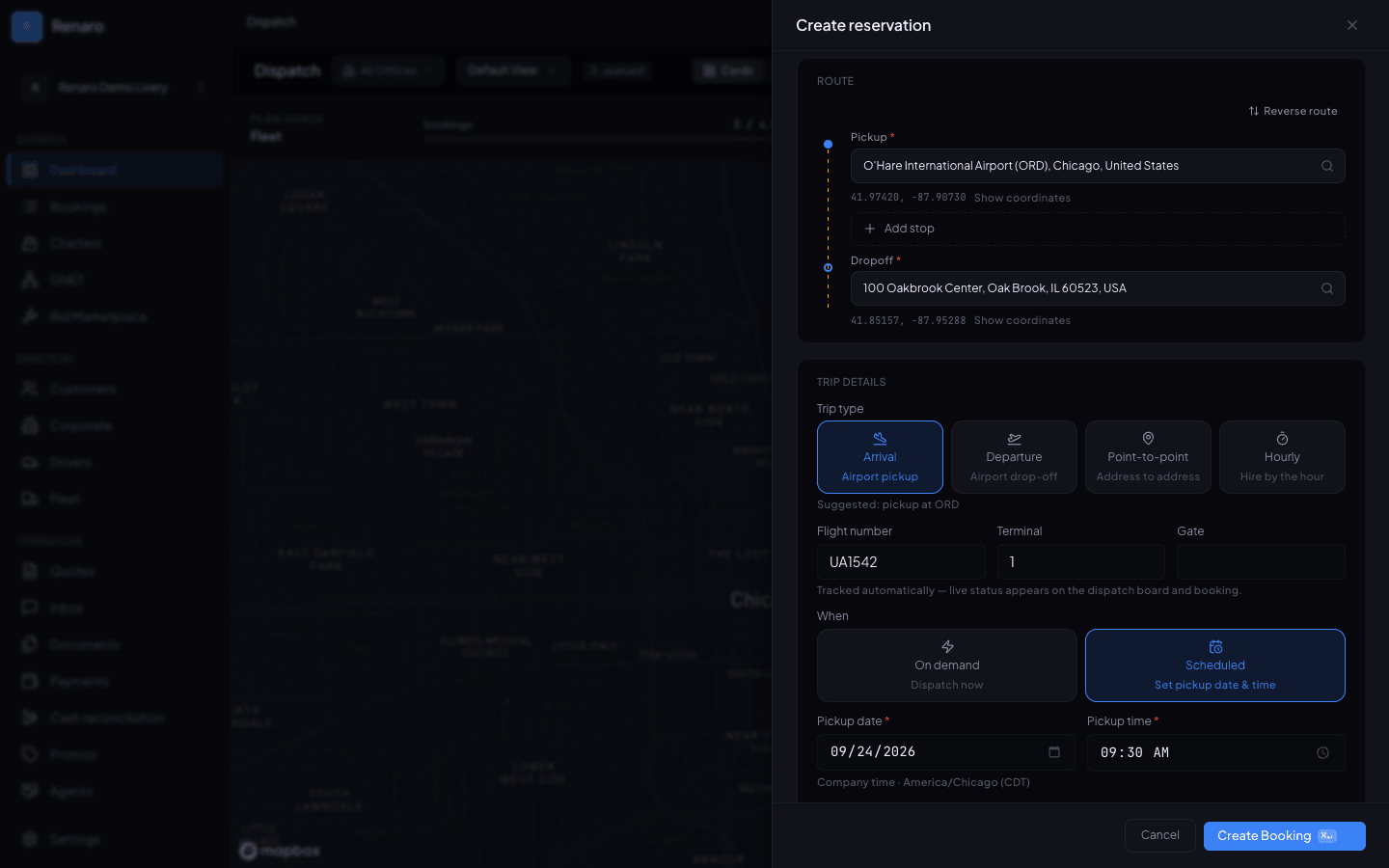 Renaro's Create reservation panel: pickup at O'Hare International Airport (ORD), drop-off at 100 Oakbrook Center in Oak Brook, trip type Arrival (suggested for the pickup at ORD), flight UA1542 at Terminal 1, and a Scheduled pickup on 09/24/2026 at 9:30 AM, shown in company time (America/Chicago).